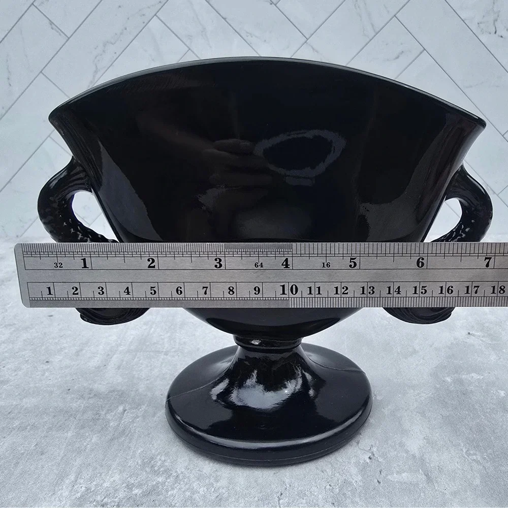 Vintage Black Amethyst Glass Trophy Vase Koi Fish Dolphin Handles Art Deco